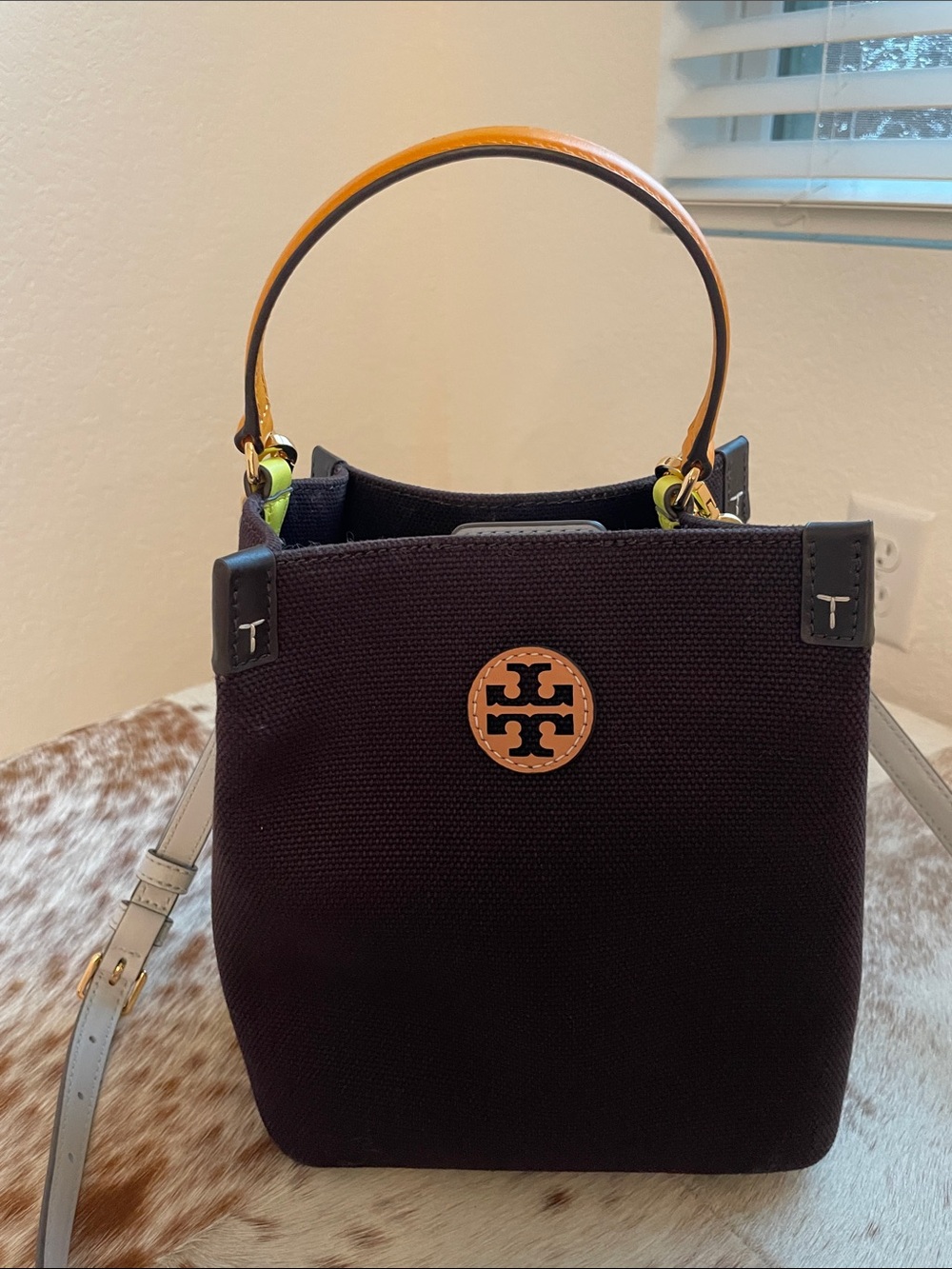 Tory Burch Blake Canvas Color Block Bucket Bag - Dark Mahogany/Yellow